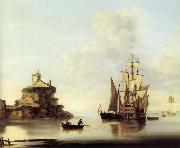 Francis Swaine An English two-deker and a Dutch barge at anchor off a coastal fort Sweden oil painting reproduction